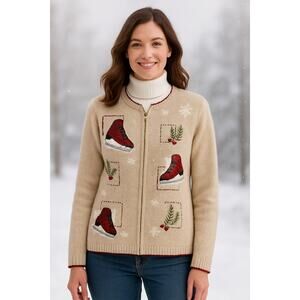 Croft & Barrow VTG SZ M Wool Angora Holiday Full-Zip Sweater Tartan Ice Skates